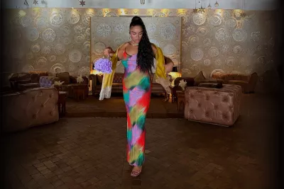 Sharlene wearing a colorful dress after bariatric surgery