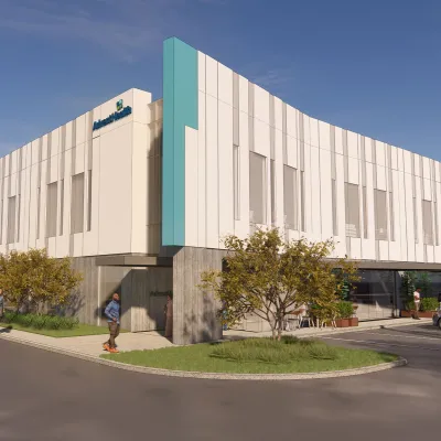 A rendering illustration of the outside of the AdventHealth Care Pavilion Westchase