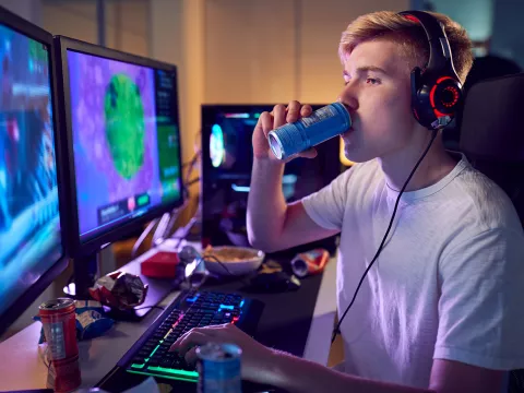 Teenager Drinks an Energy Drink While Playing Video Games with A Headset on.