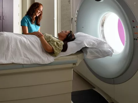 A patient gets a CT scan on the advanced equpitment at AdventHealth.