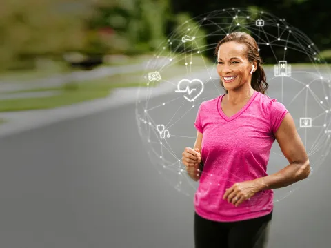 Woman with network of care icons around her.