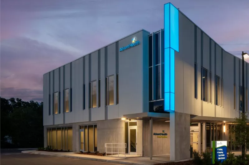 An Exterior Photo of an AdventHealth Care Pavilion at Dawn.