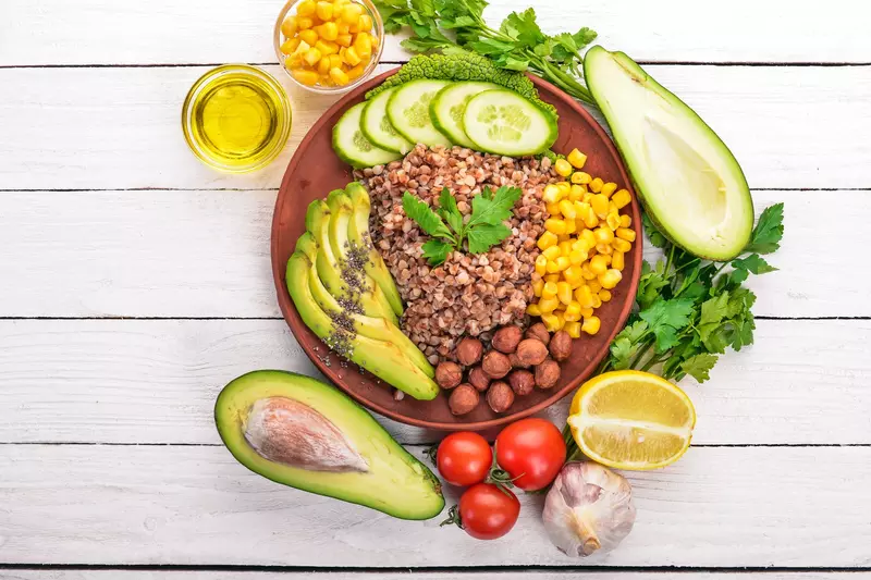 A plate filled with delcious and healthy foods.
