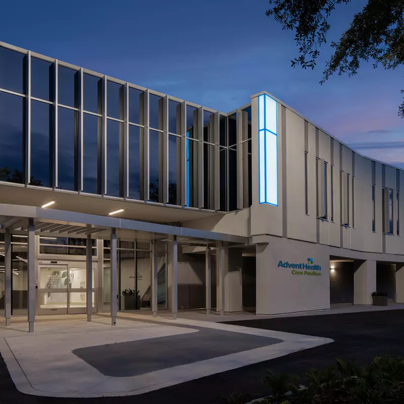 AdventHealth New Tampa Care Pavilion at night.