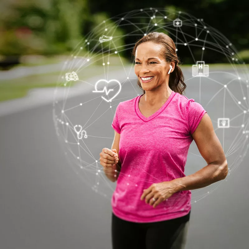 Woman with network of care icons around her.