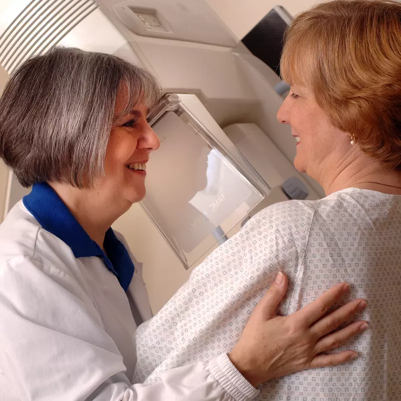 Woman getting a mammogram.