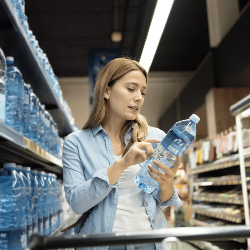 Woman looking at a water bottle at a grocery store.