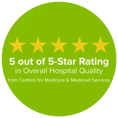 A logo of AdventHealth's CMS 5-star achievement in Overall Hospital Quality